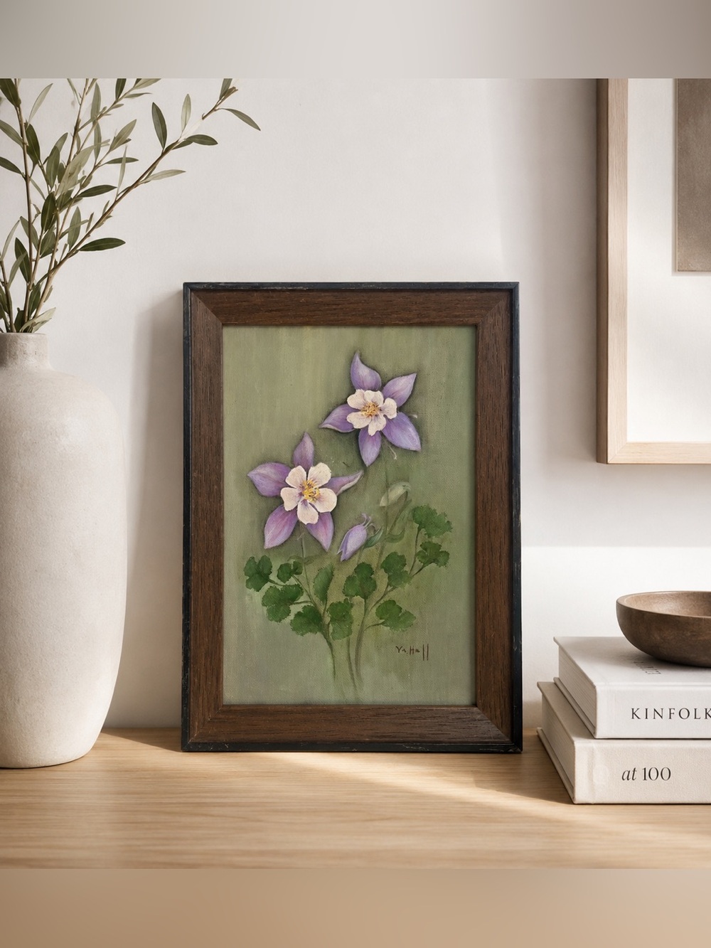 VTG Virginia D Hall Columbine Floral Oil Painting Framed Colorado Botanical Art
